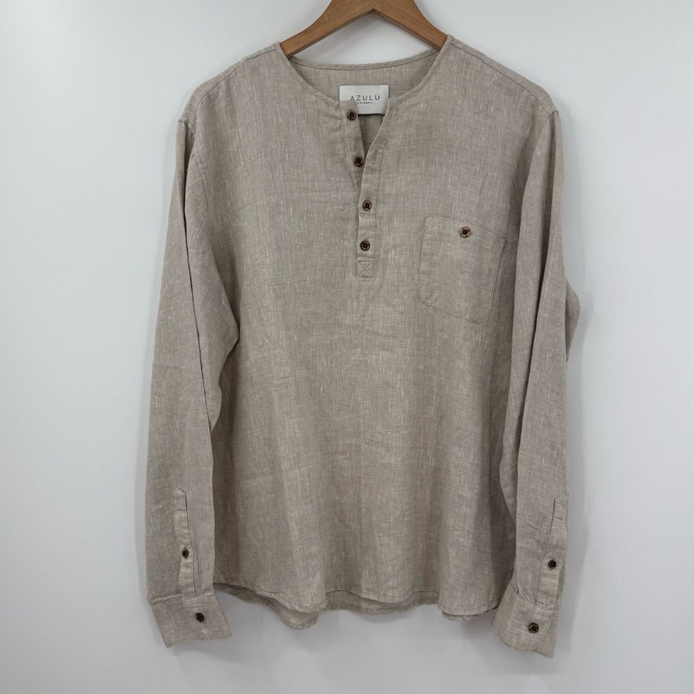 AZULU Colombia 100% Linen Henley Shirt in Natural | Size Large